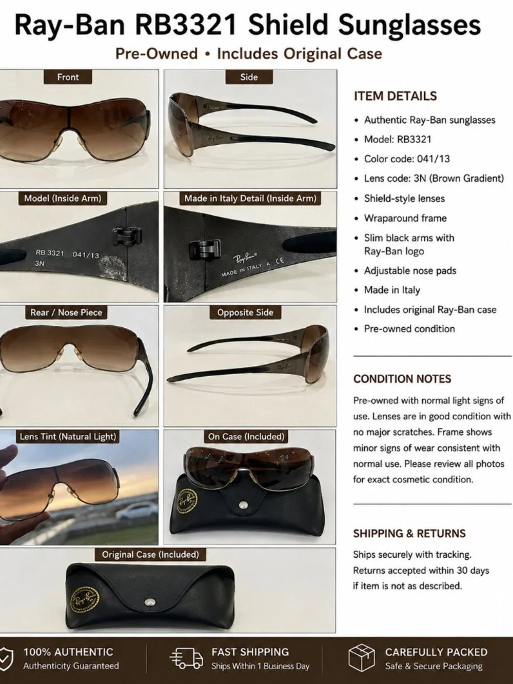 Ray-Ban RB3321 041/13 3N Brown Gradient Shield Sunglasses Made in Italy w/ Case